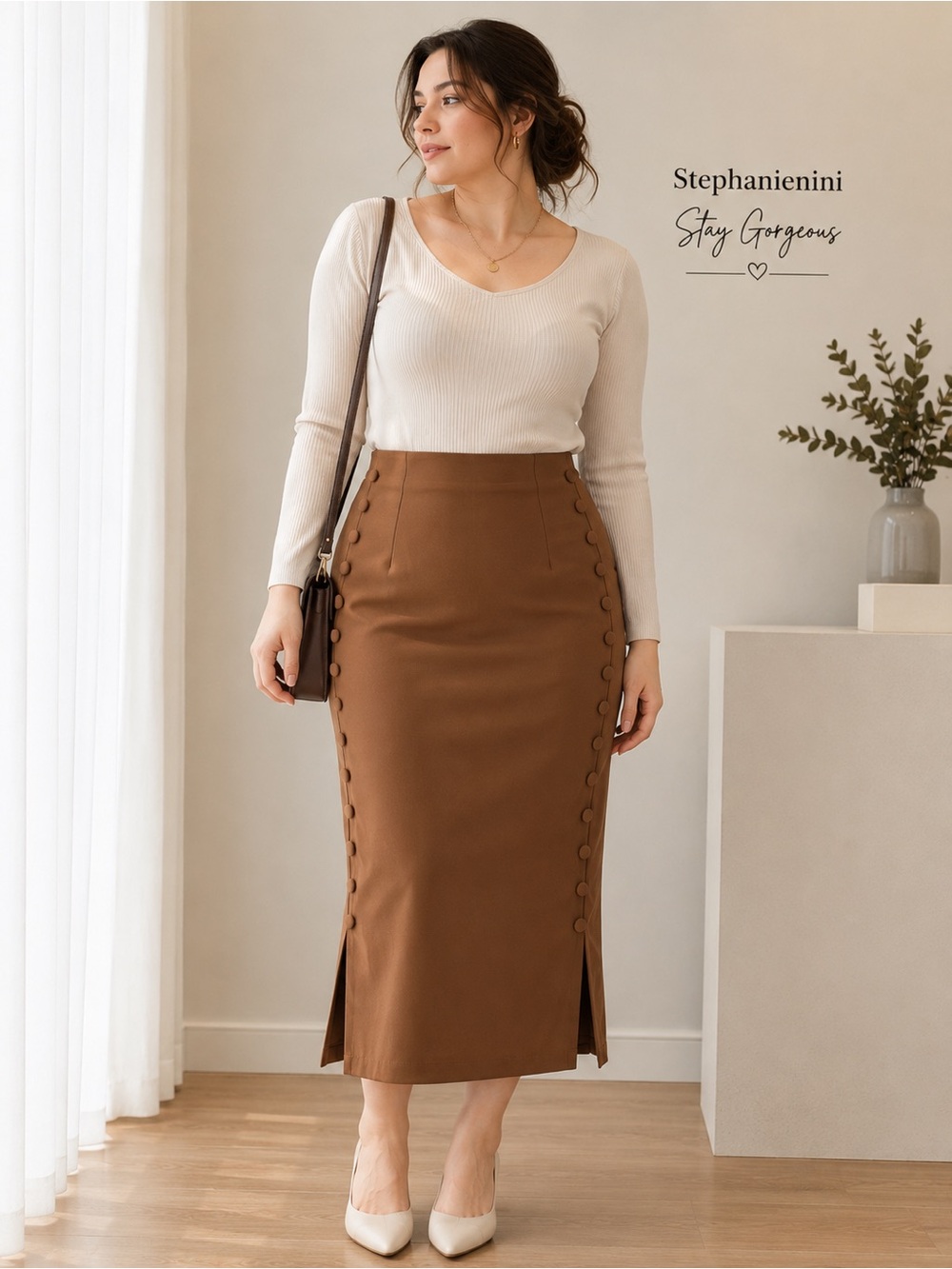 Women’s Brown High-Waist Button Detail Midi Pencil Skirt Size XL